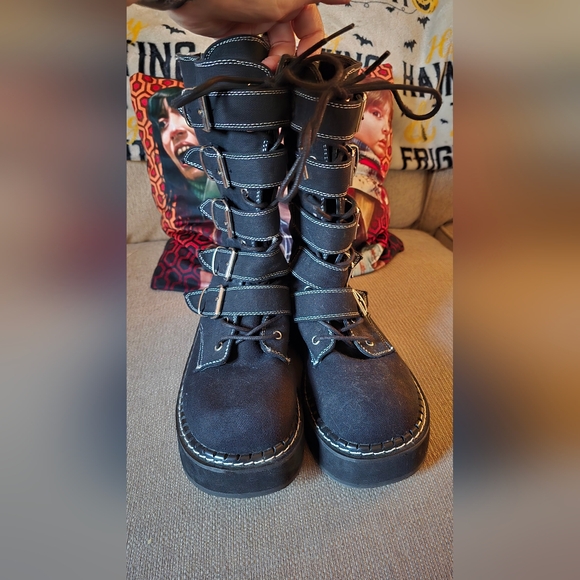 Demonia Black Heeled Boots with Buckles - Picture 3 of 4